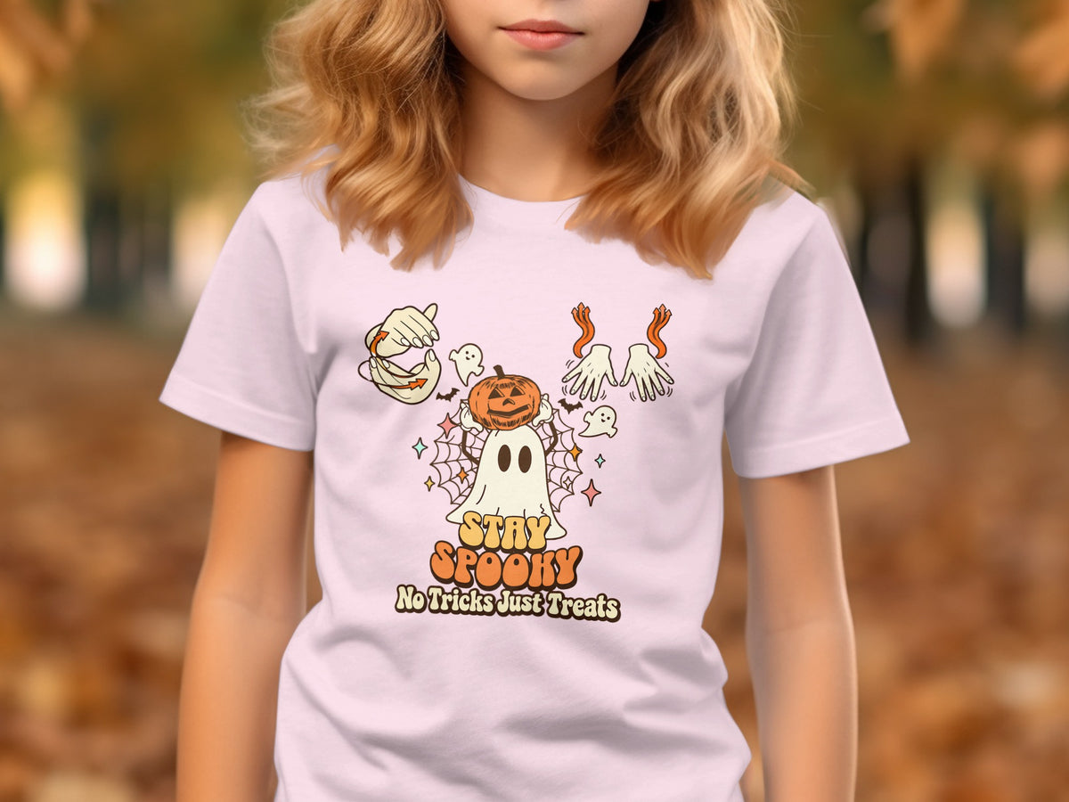 White t-shirt with "STAY SPOOKY No Tricks Just Treats" and Halloween graphics.