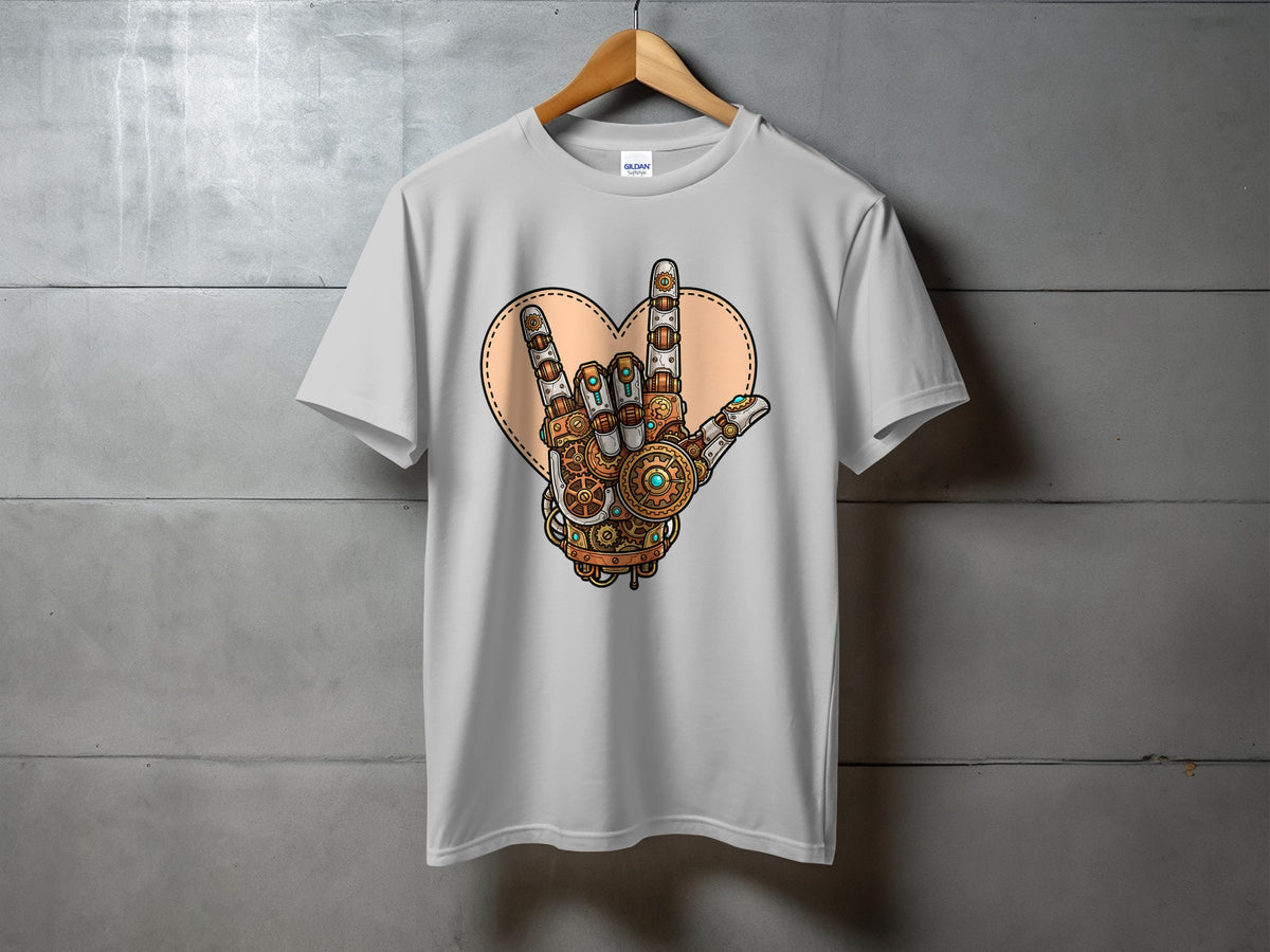 White t-shirt with a steampunk robot hand giving the rock on sign inside a heart.