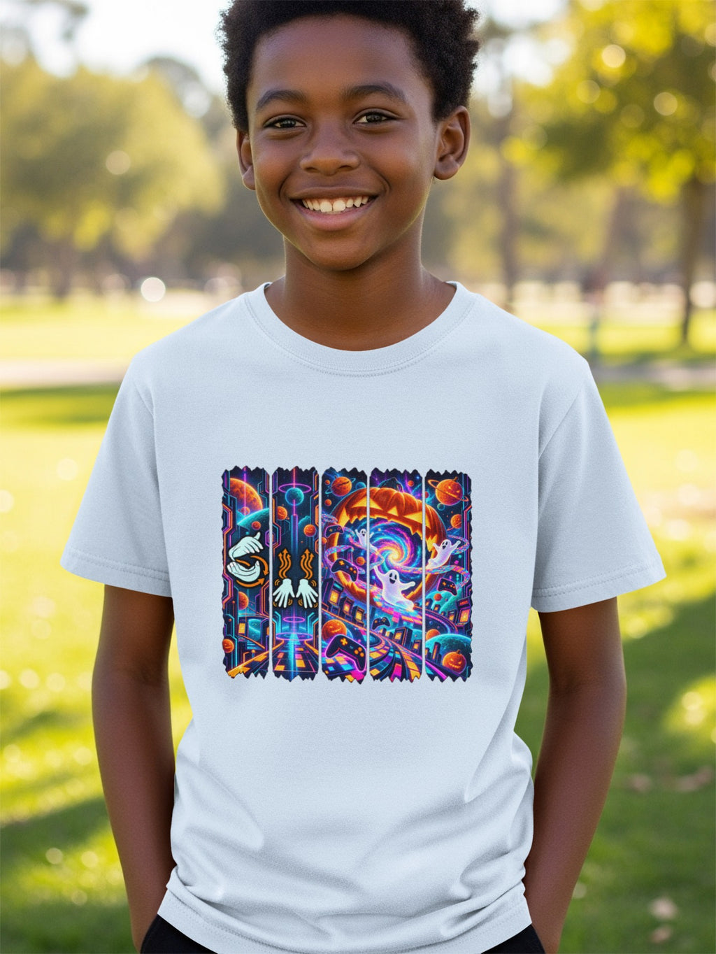 T-shirt with abstract graphic featuring ghosts, pumpkins, planets, and controllers.