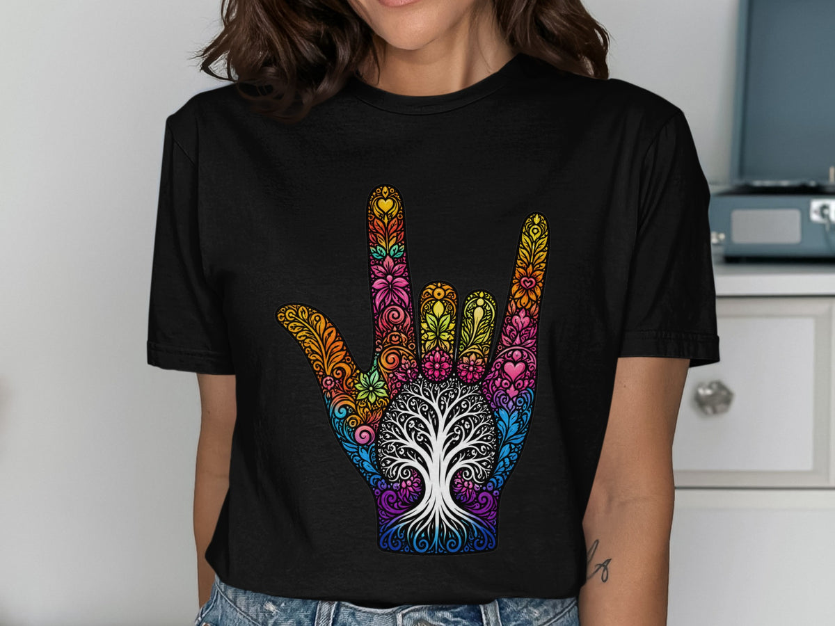 Black t-shirt with colorful hand sign featuring a tree of life.
