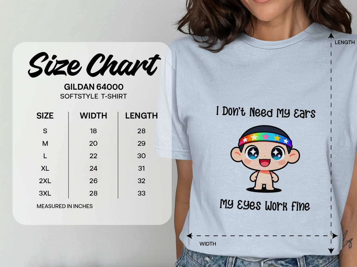 Size chart for Gildan 64000 Softstyle t-shirt with graphic and text.