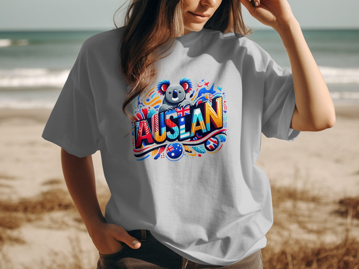T-shirt with colorful "AUSLAN" text, koala, and Australian flags.