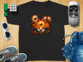 Black t-shirt featuring a Halloween graphic of ghosts, pumpkins, and a witch flying against a sunset.