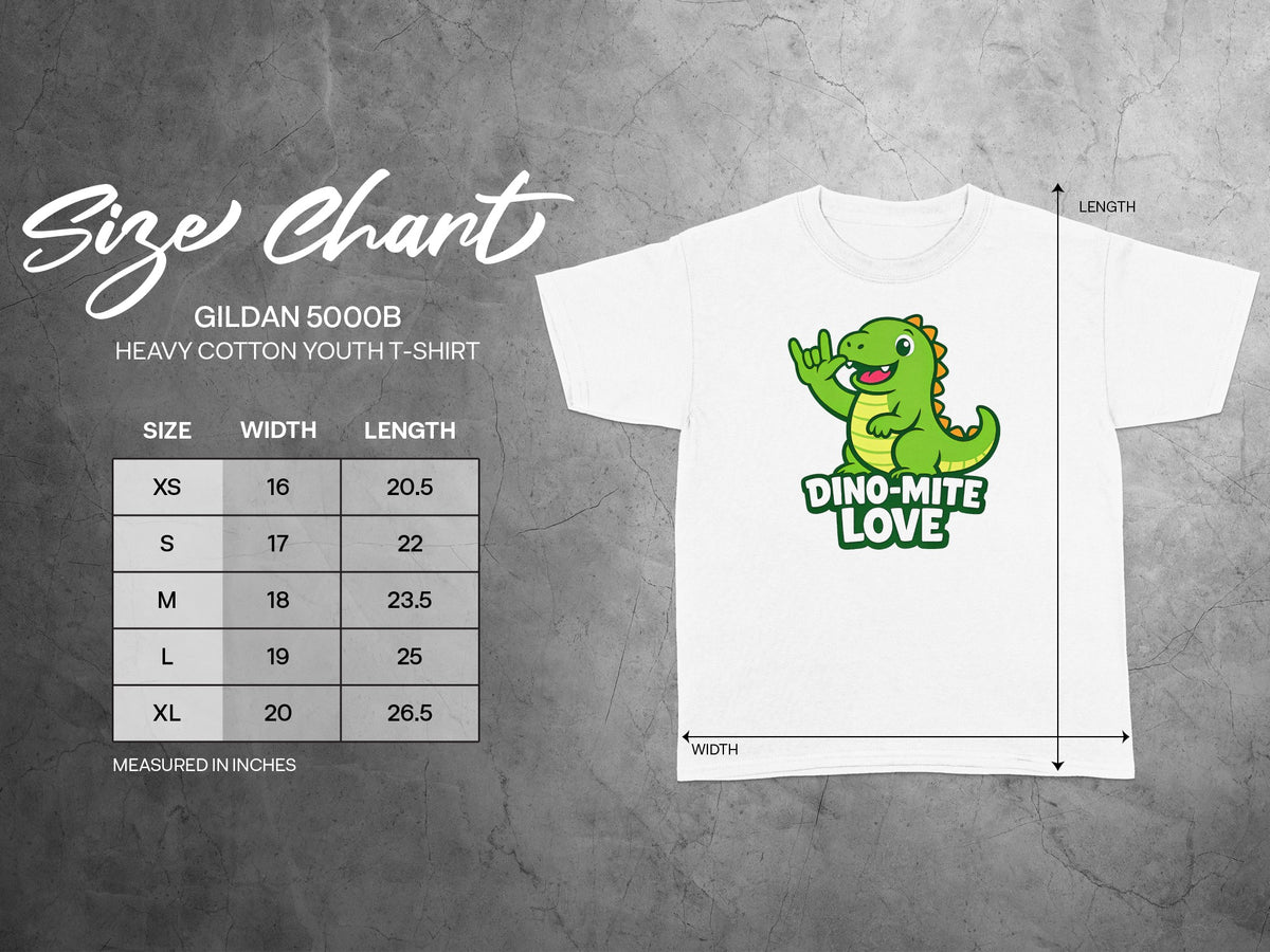 Gildan 5000B youth t-shirt size chart with dinosaur graphic.
