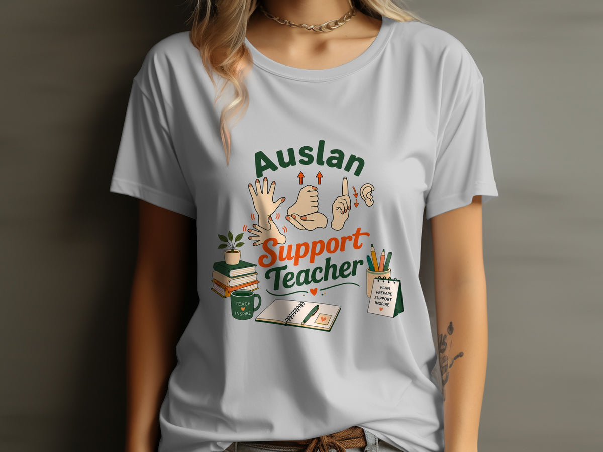 Auslan Support Teacher graphic with ASL signs, books, mug, and notepad.