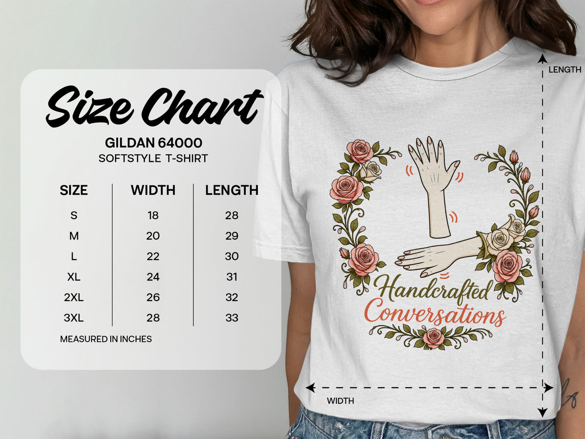 Gildan 64000 softstyle t-shirt size chart with width and length measurements in inches.
