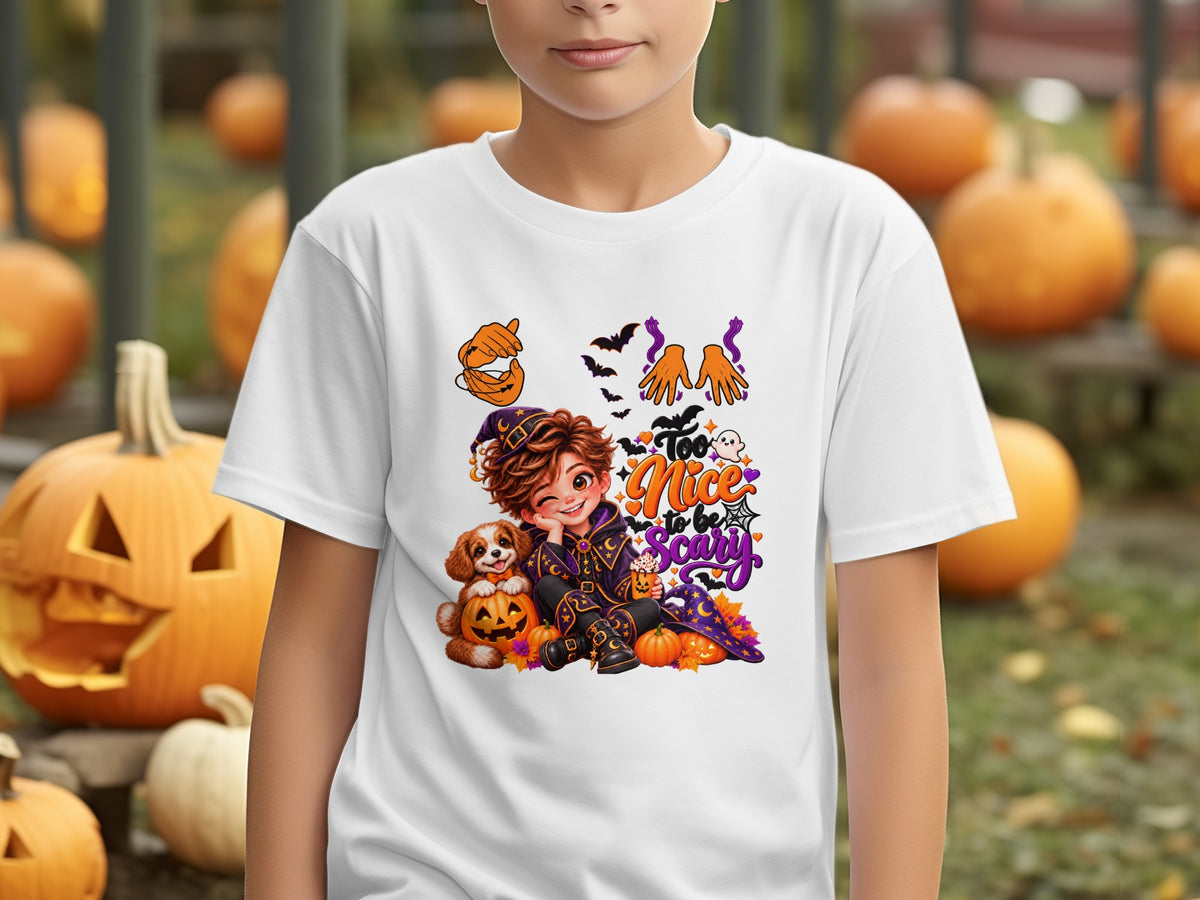 Halloween t-shirt design featuring a witch, dog, and pumpkins with text "Too Nice to be Scary".