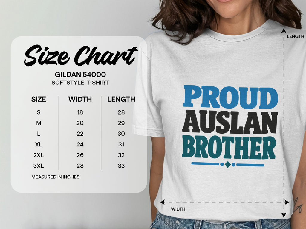 Gildan 64000 softstyle t-shirt size chart with measurements and "Proud Auslan Brother" text.