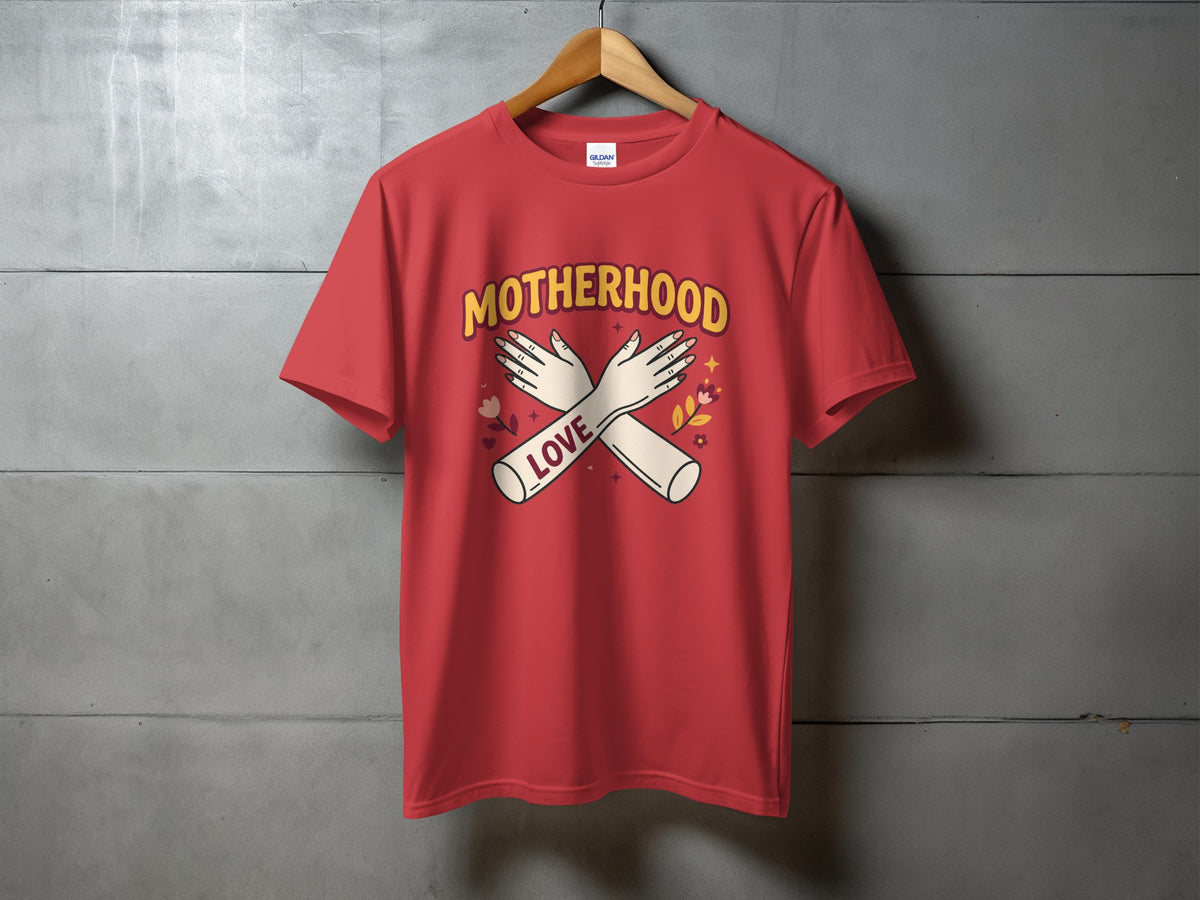 Red t-shirt with "Motherhood" and "Love" text, featuring crossed arms and floral accents.