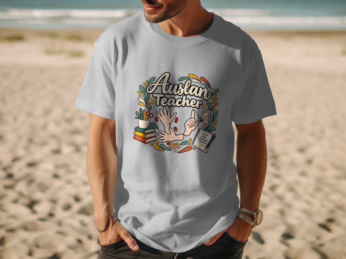 Grey t-shirt with "Auslan Teacher" design featuring hands, books, and a notebook.