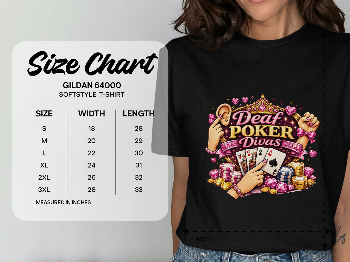 Size chart for Gildan 64000 softstyle t-shirt with poker graphics.