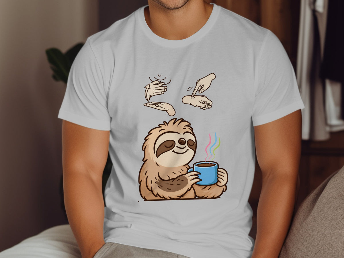 Cartoon sloth holding a coffee cup with colorful steam and hand gestures above.