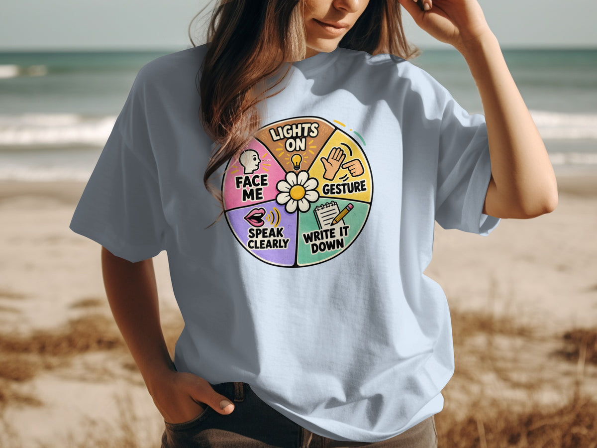 Lightbulb, face, mouth, hand, and pencil icons with text on a light blue t-shirt.