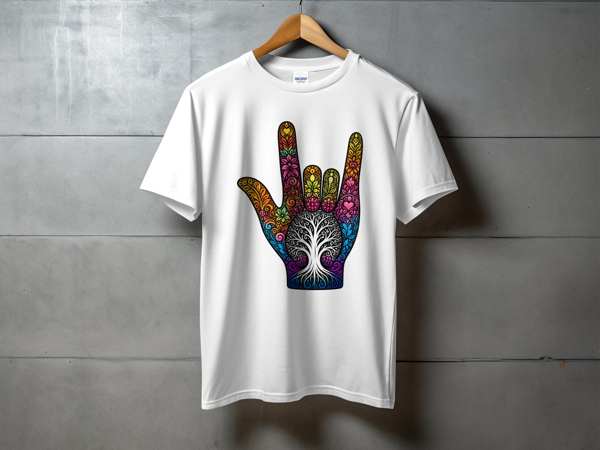 White t-shirt with a colorful, ornate "I love you" hand gesture graphic featuring a tree of life.