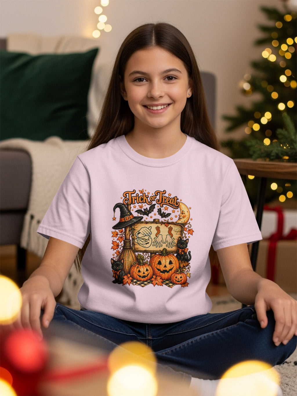 Light pink t-shirt with a "Trick or Treat" Halloween graphic featuring pumpkins, bats, and ghosts.