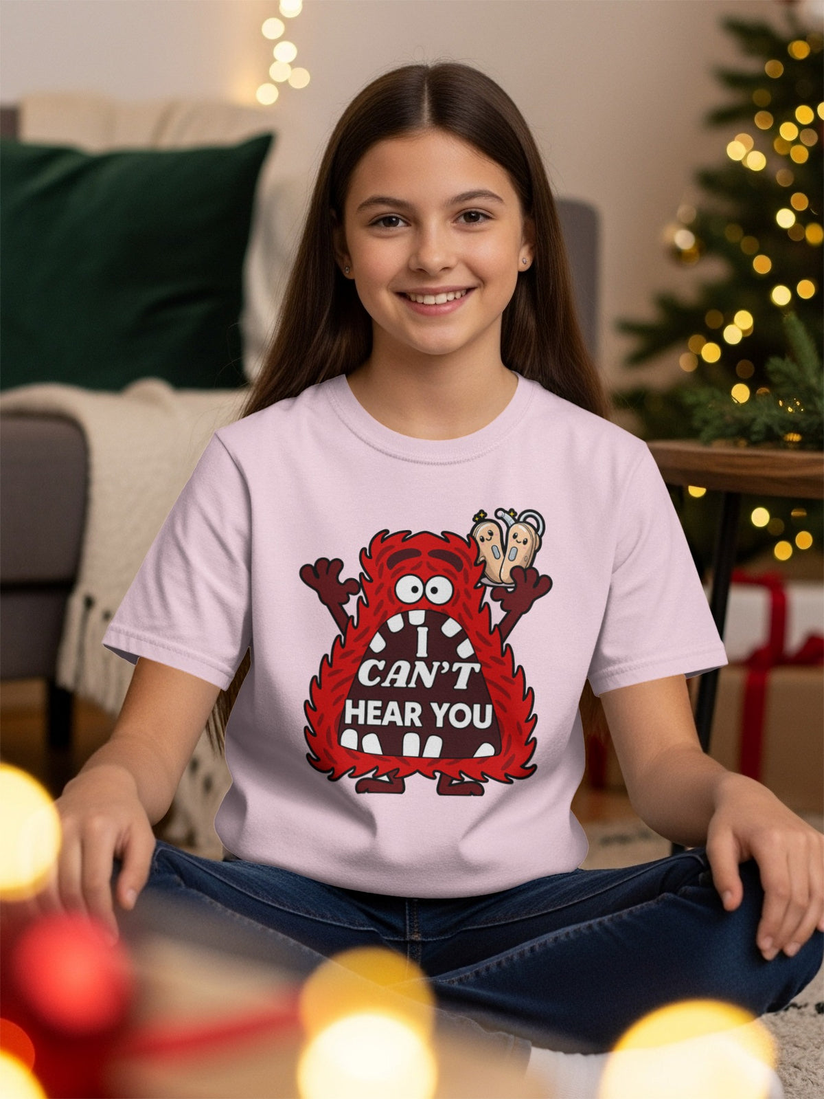 Red monster with "I CAN'T HEAR YOU" text and two ear-like objects.