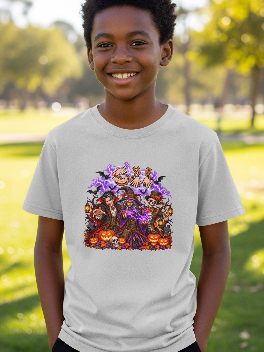 A young boy wears a light grey t-shirt featuring a Halloween graphic with vampires, witches, and pumpkins.