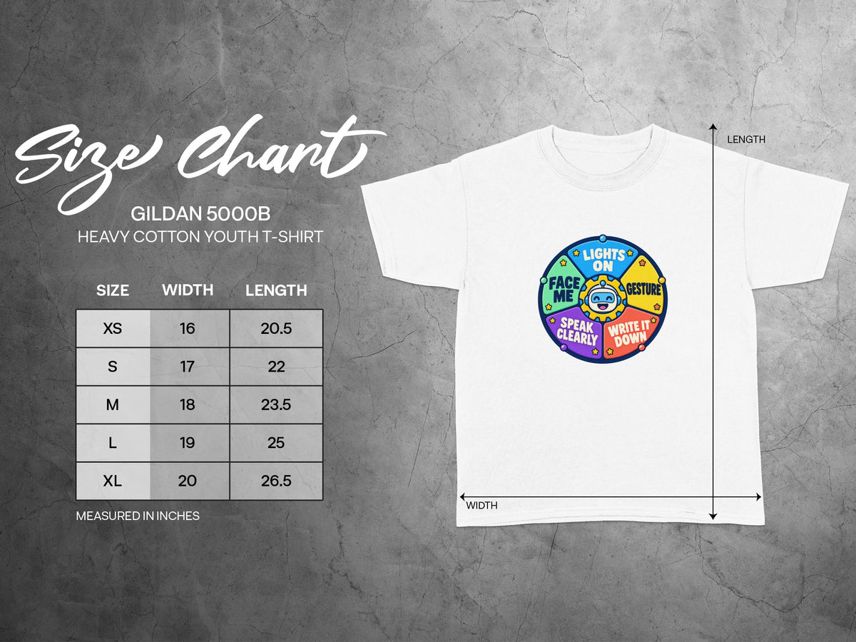 Gildan 5000B youth t-shirt size chart with width and length measurements in inches.