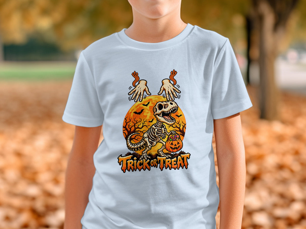 Skeleton T-Rex with pumpkin candy bucket and text "Trick or Treat"