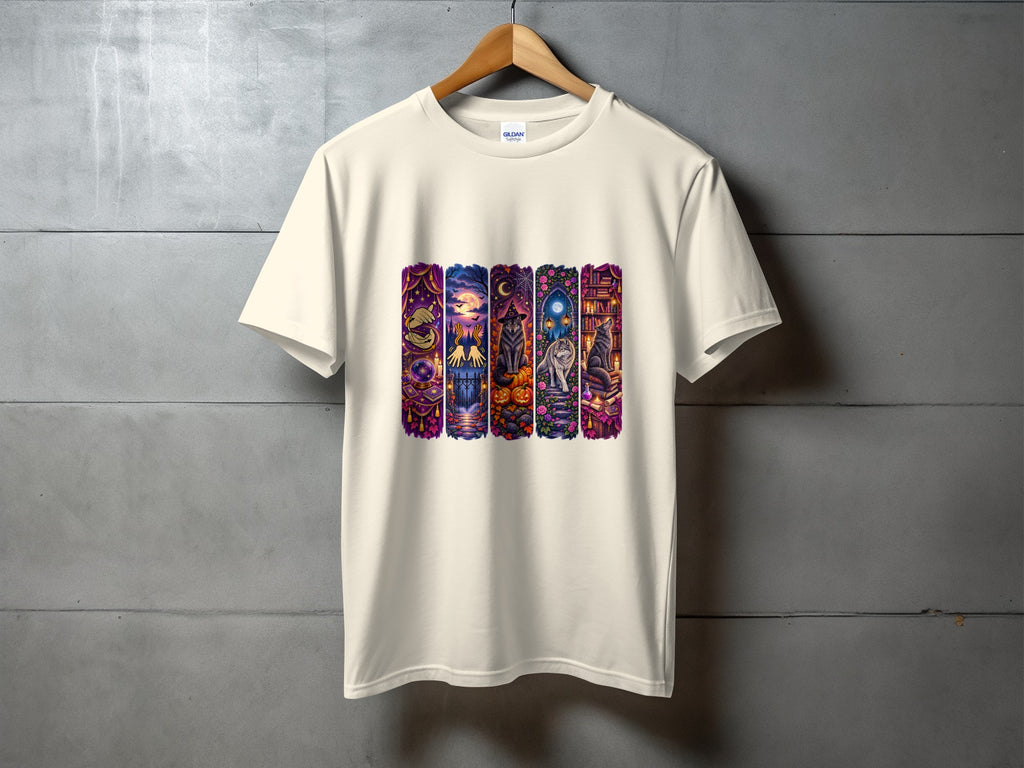 Cream t-shirt with a row of five Halloween-themed digital art panels.