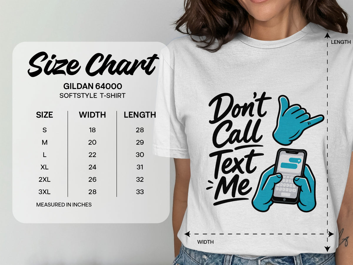 Gildan Softstyle t-shirt size chart showing S-3XL width and length in inches.
