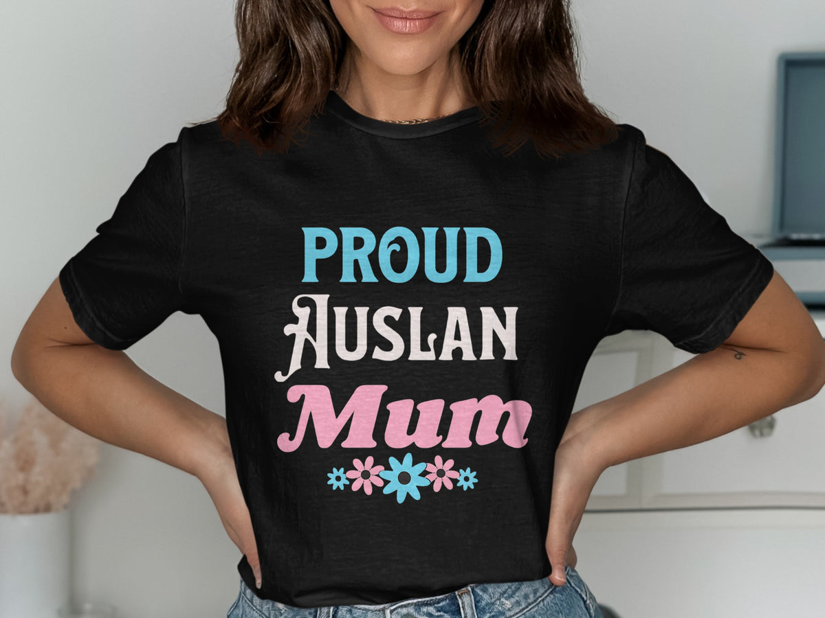 Black t-shirt with "PROUD AUSLAN MUM" text and floral graphic.