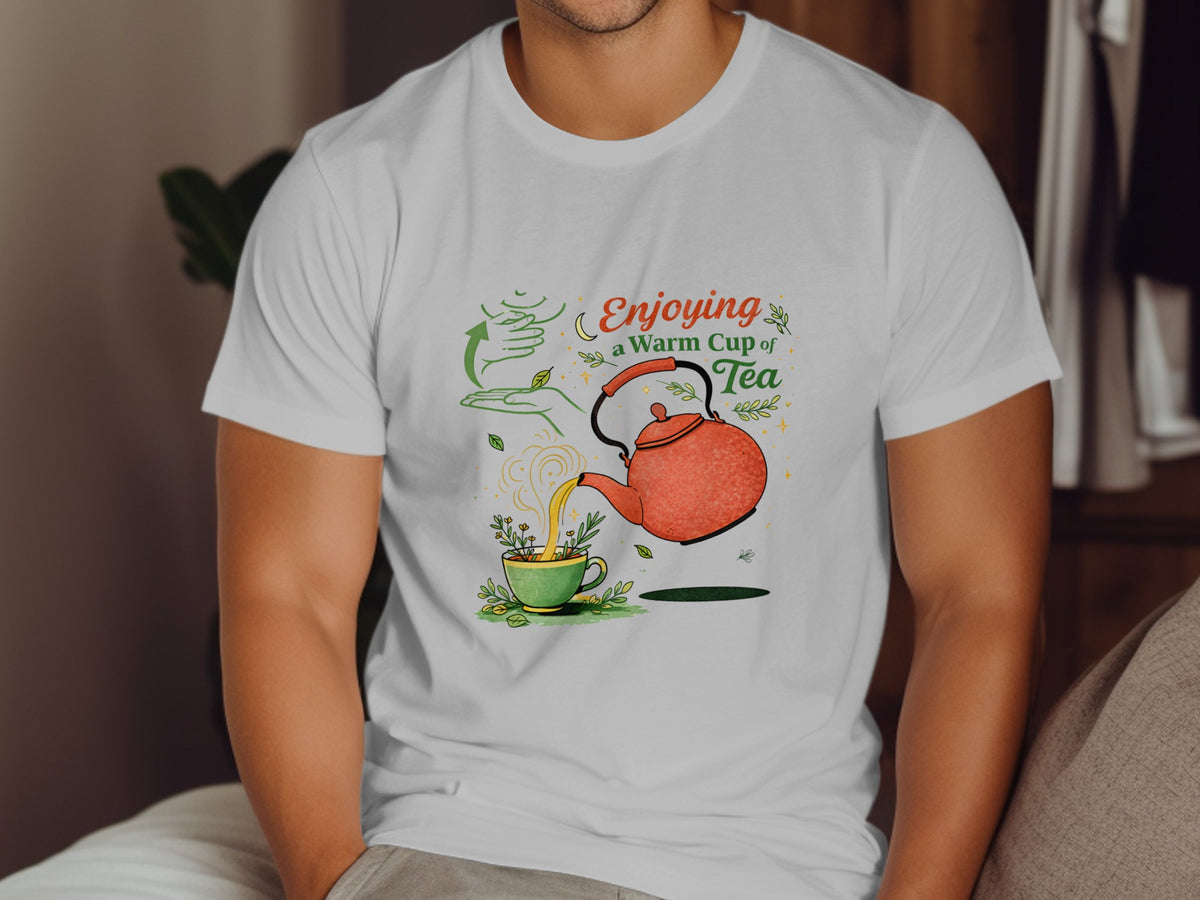 Illustration of teapot pouring tea into cup with text "Enjoying a Warm Cup of Tea".