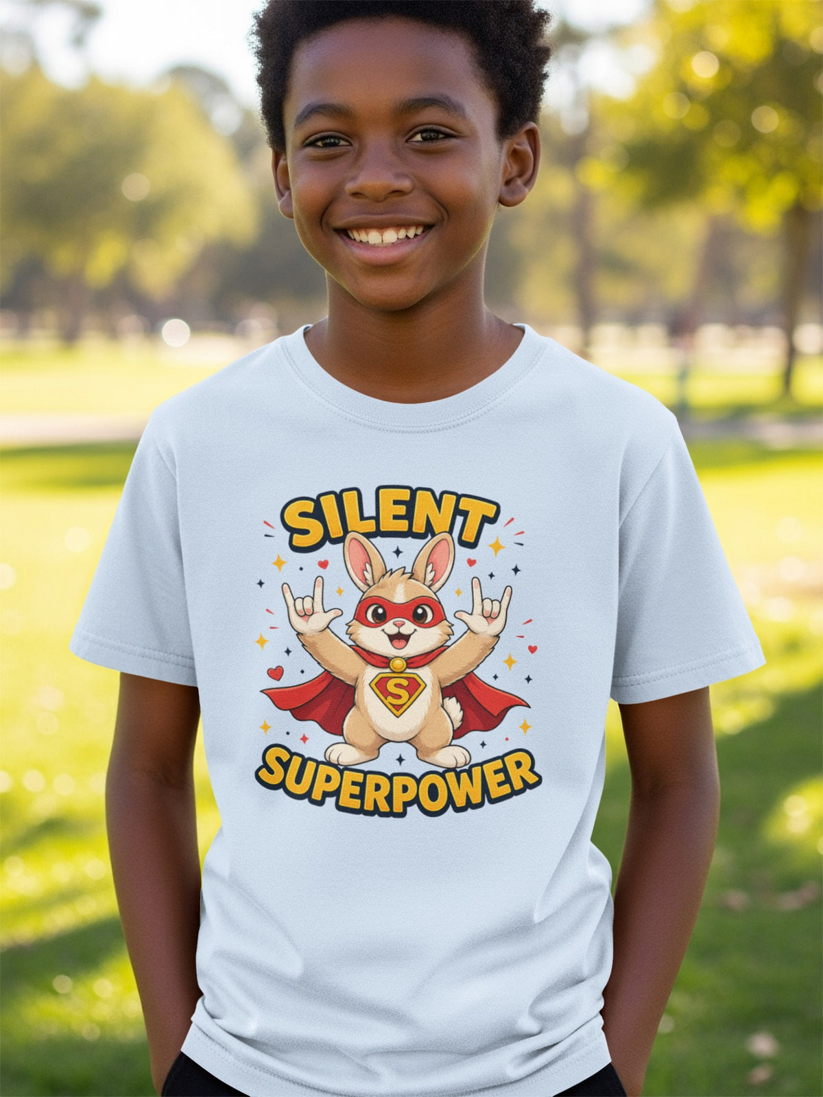 Light blue t-shirt with "Silent Superpower" text and a cartoon bunny superhero.