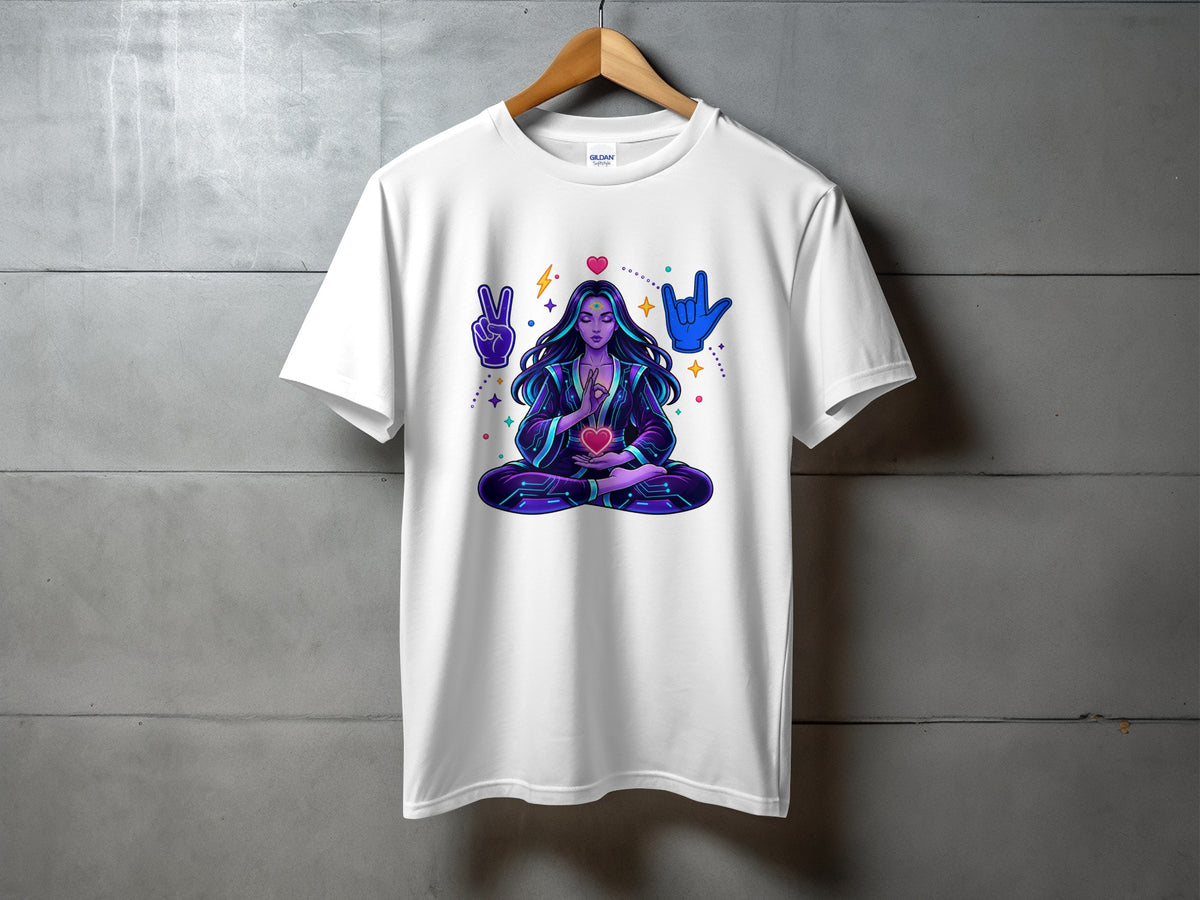 White t-shirt with graphic of meditating woman and peace and rock-on hand signs.