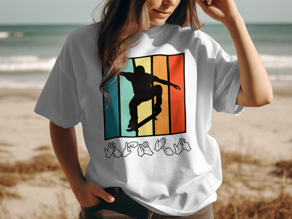 White t-shirt with a vintage retro striped graphic of a skateboarder and ASL alphabet hands.
