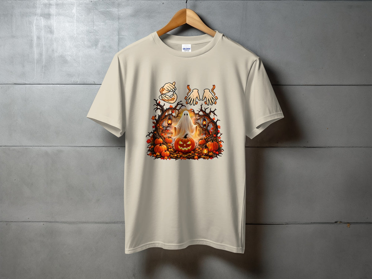 Light beige t-shirt with Halloween graphic featuring ghost, pumpkins, and hands in sign language.