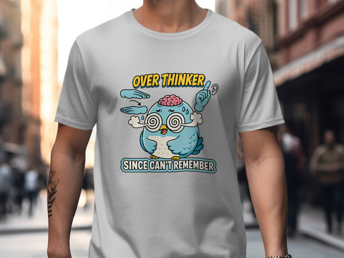 Blue owl with brain and swirling eyes, "Over Thinker Since Can't Remember".
