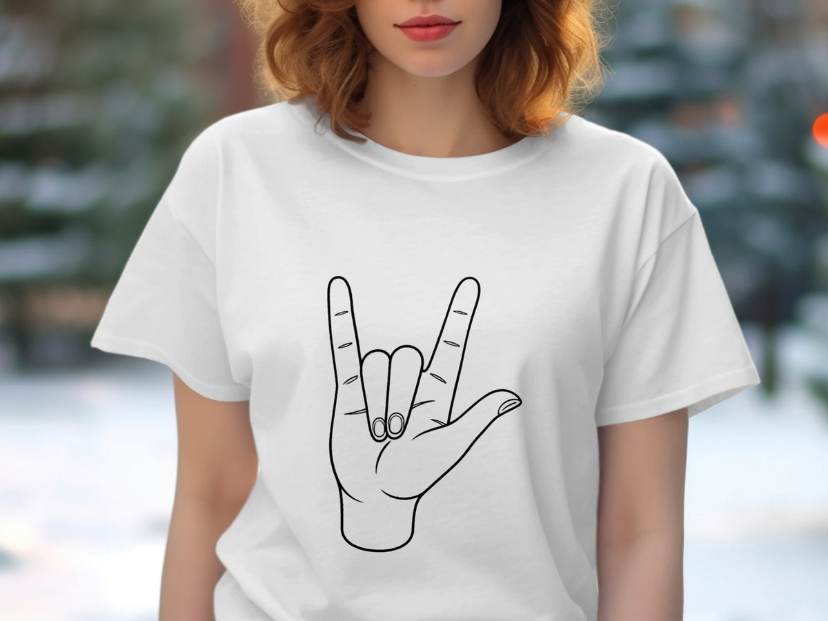 White t-shirt with black outline graphic of rock and roll hand gesture