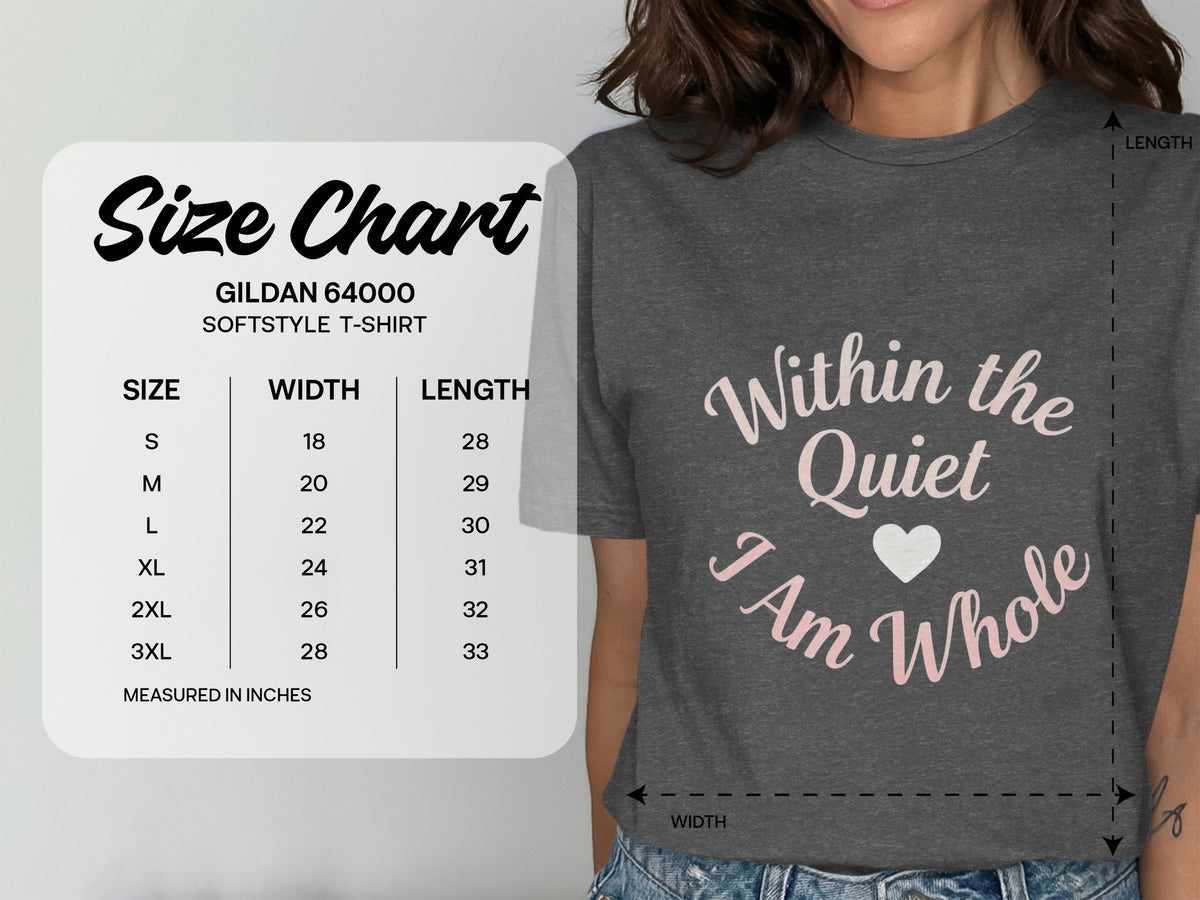 Gildan 64000 softstyle t-shirt size chart with width and length measurements in inches.