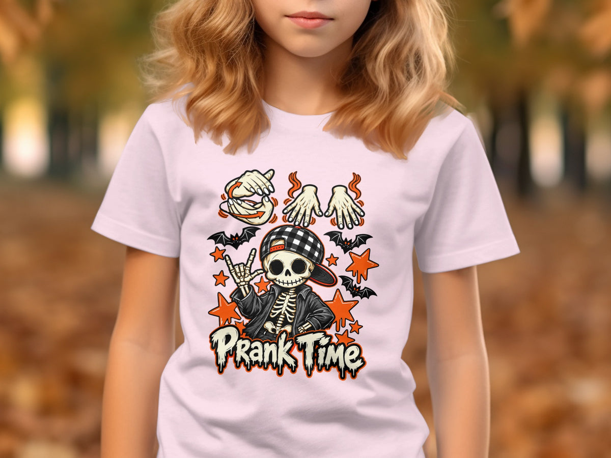 Skeleton in hat and jacket with bats, stars, and "Prank Time" text.