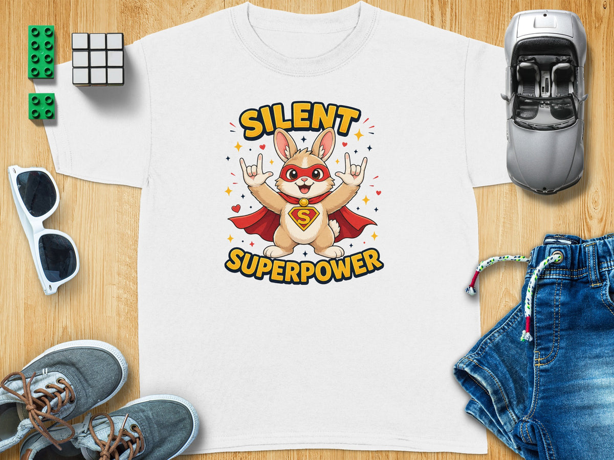 White t-shirt with a cartoon rabbit superhero and text "Silent Superpower".