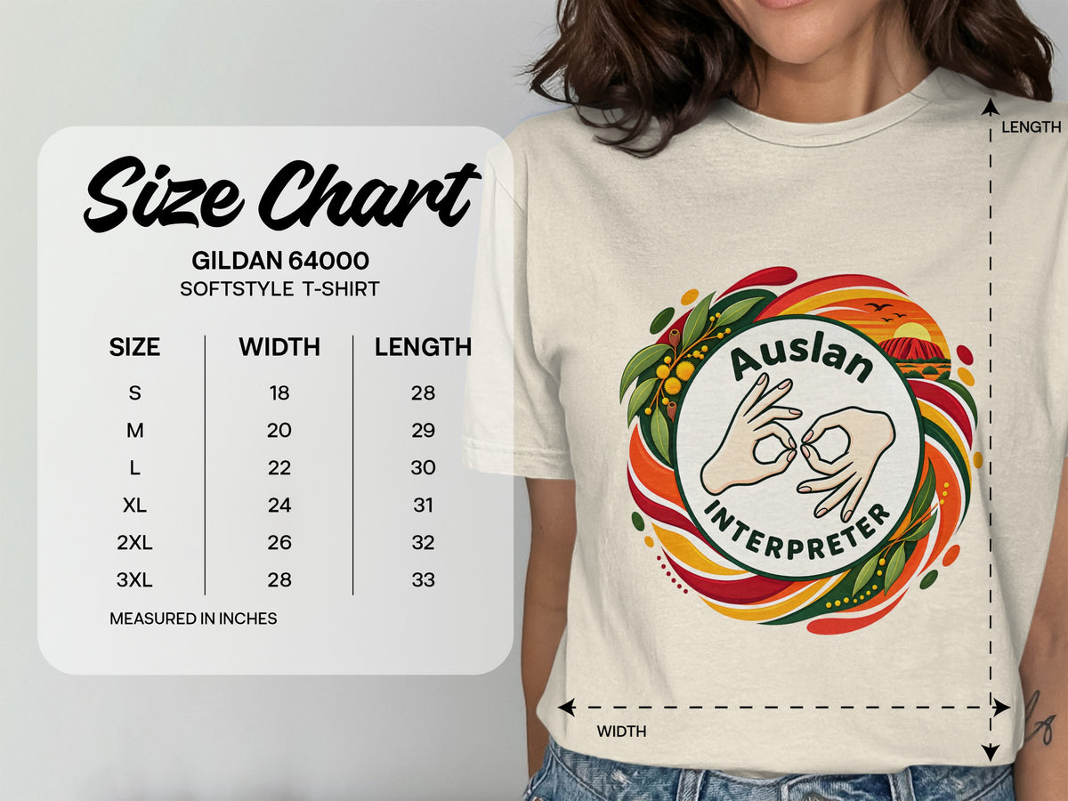 Gildan 64000 softstyle t-shirt size chart with ASL interpreter graphic.