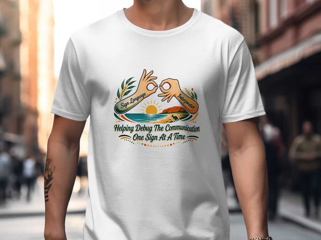 T-shirt with graphic: "Sign Language Interpreter, Helping Debug The Communication One Sign At A Time."