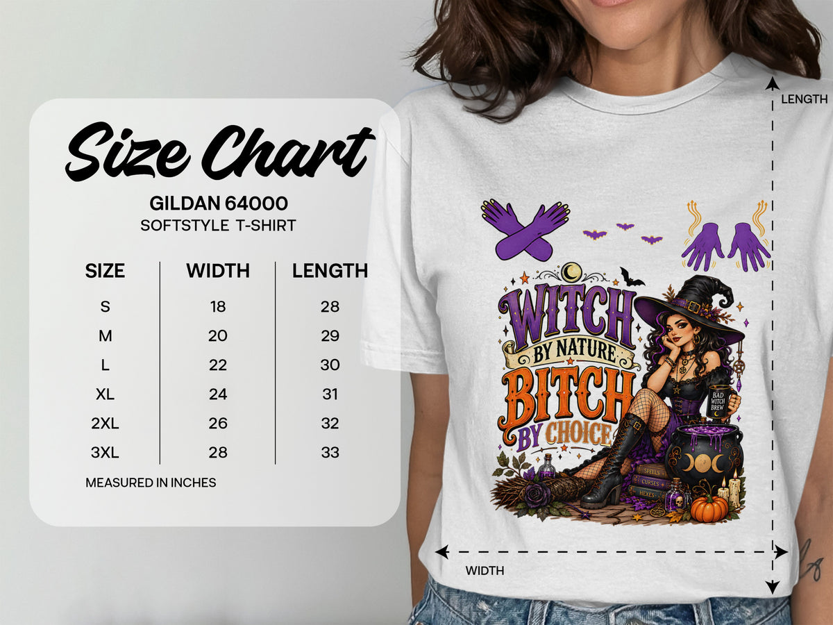 Gildan 64000 Softstyle t-shirt size chart with width and length measurements in inches.