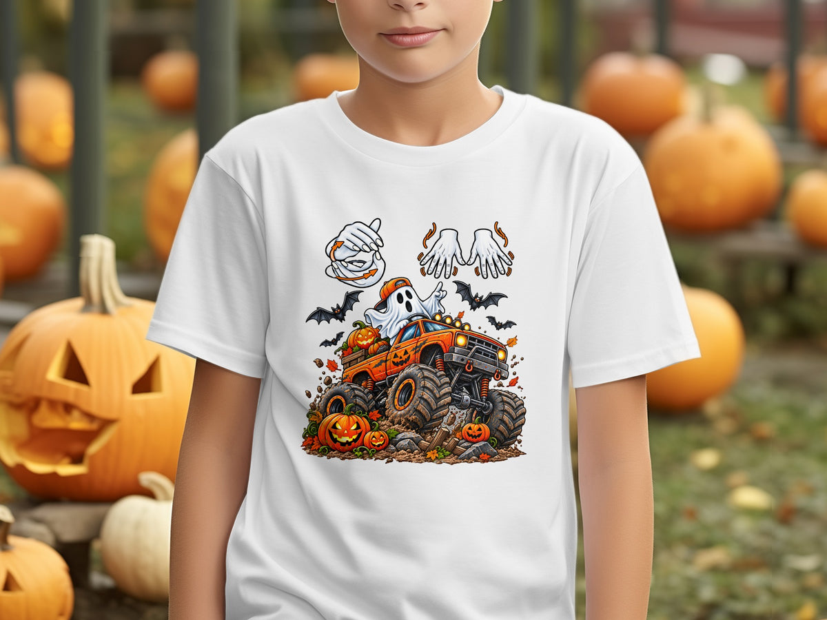Halloween monster truck with pumpkins, bats, and a ghost design.