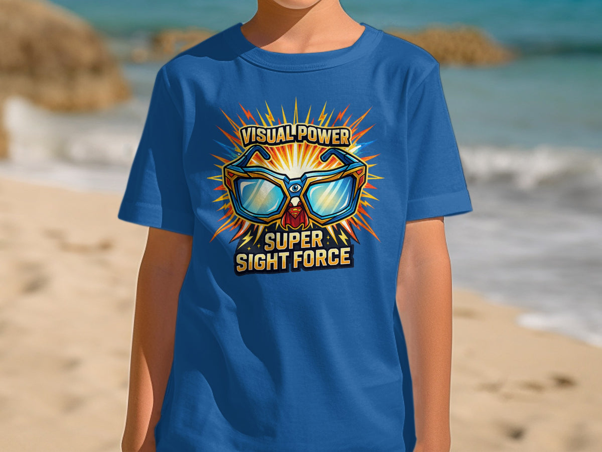 Blue t-shirt with "Visual Power Super Sight Force" text and sunglasses graphic.