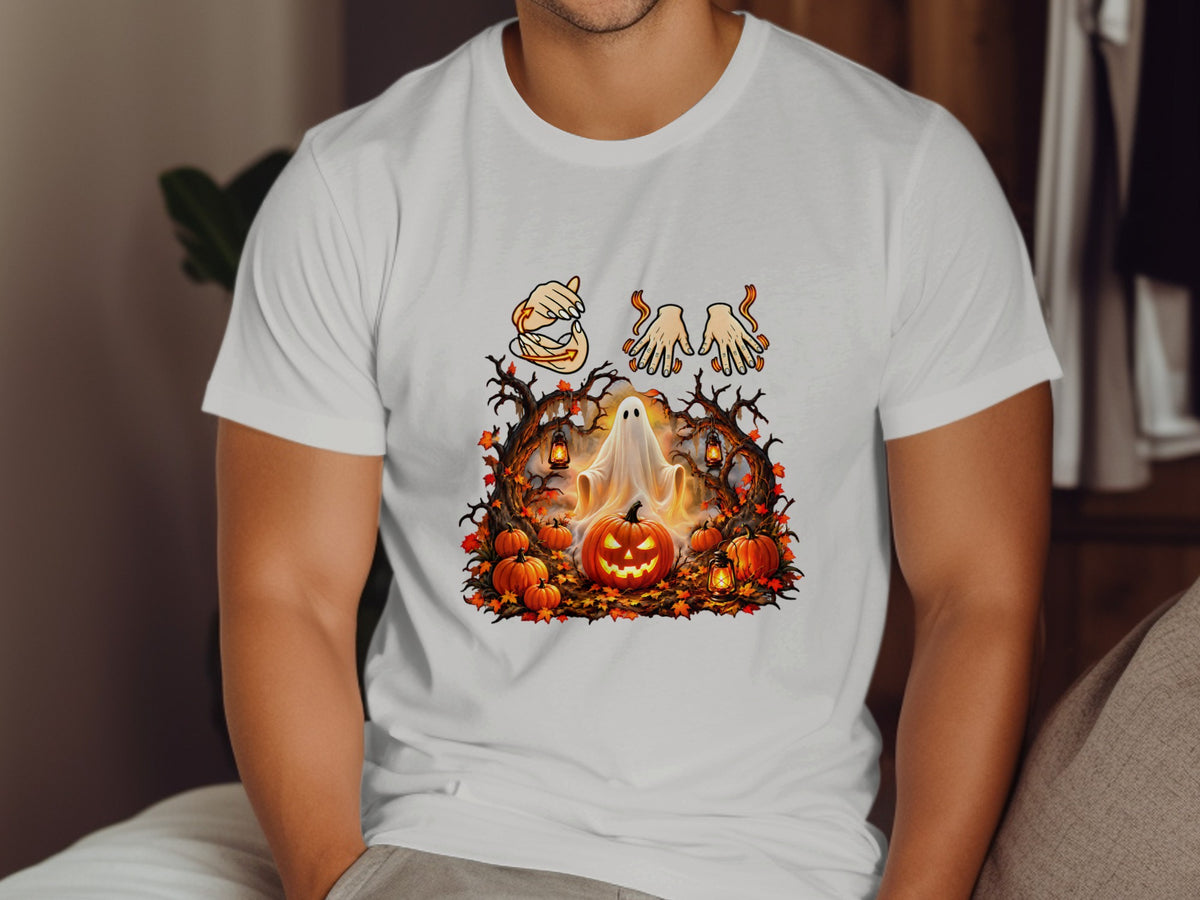Halloween graphic with ghost, pumpkins, trees, and lanterns.