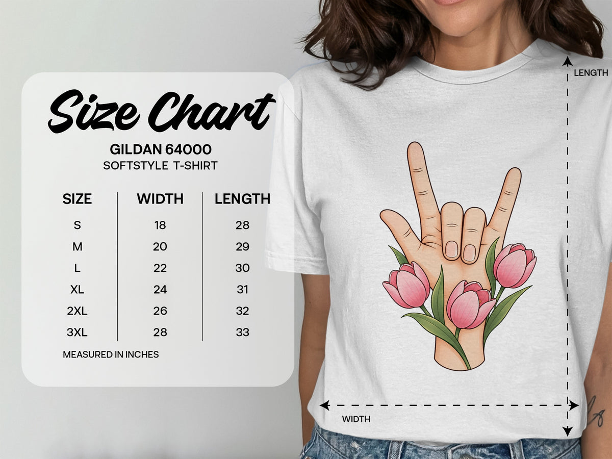 Gildan 64000 Softstyle t-shirt size chart with width and length measurements in inches.