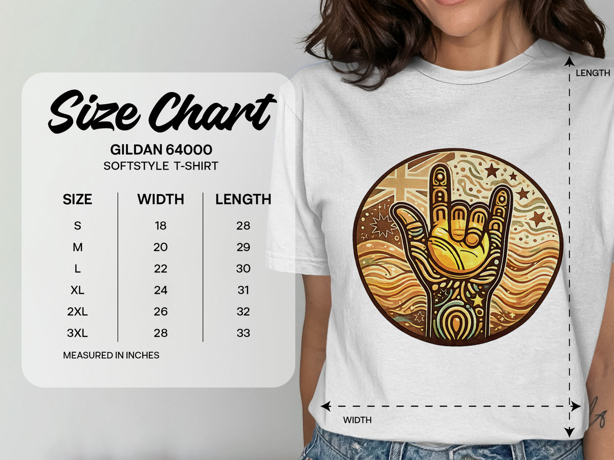 Gildan 64000 Softstyle T-Shirt size chart with width and length measurements in inches.