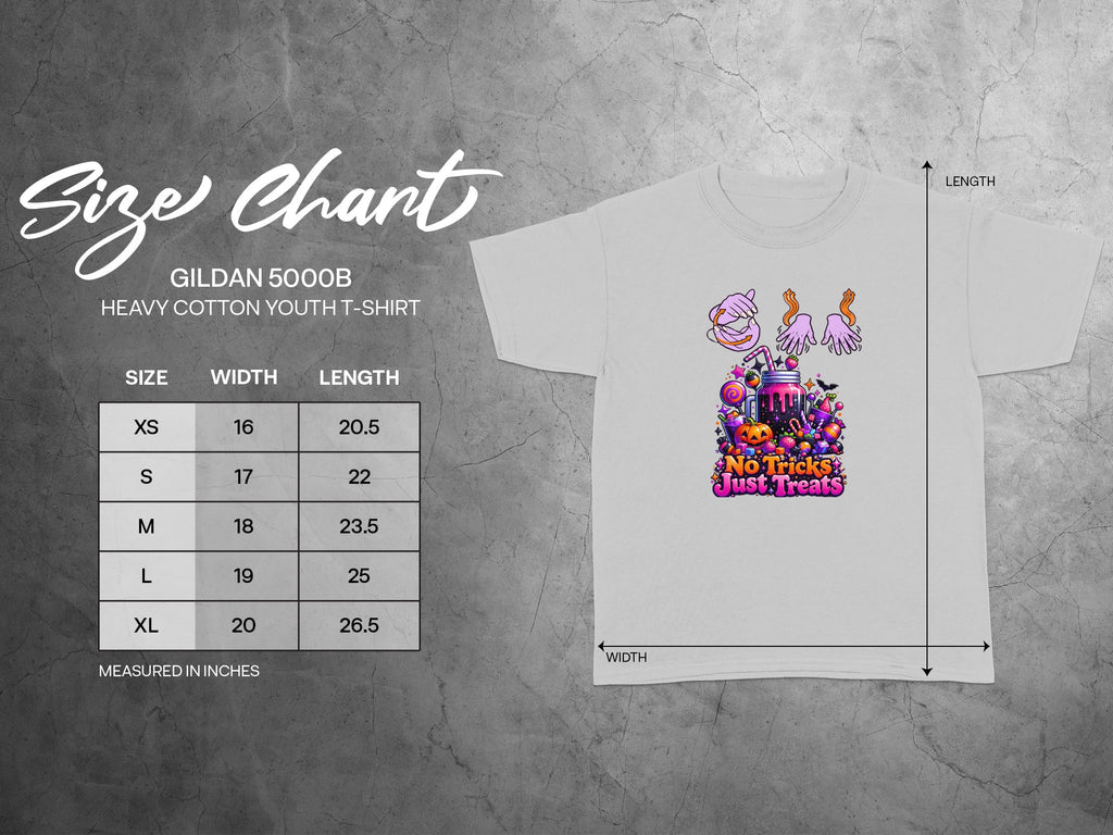 Gildan 5000B youth t-shirt size chart with Halloween graphic.