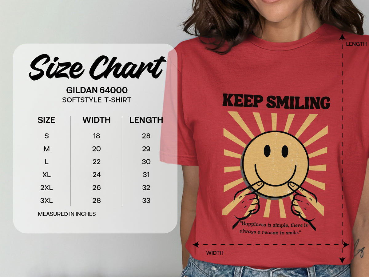 Gildan 64000 Softstyle t-shirt size chart with width and length measurements in inches.