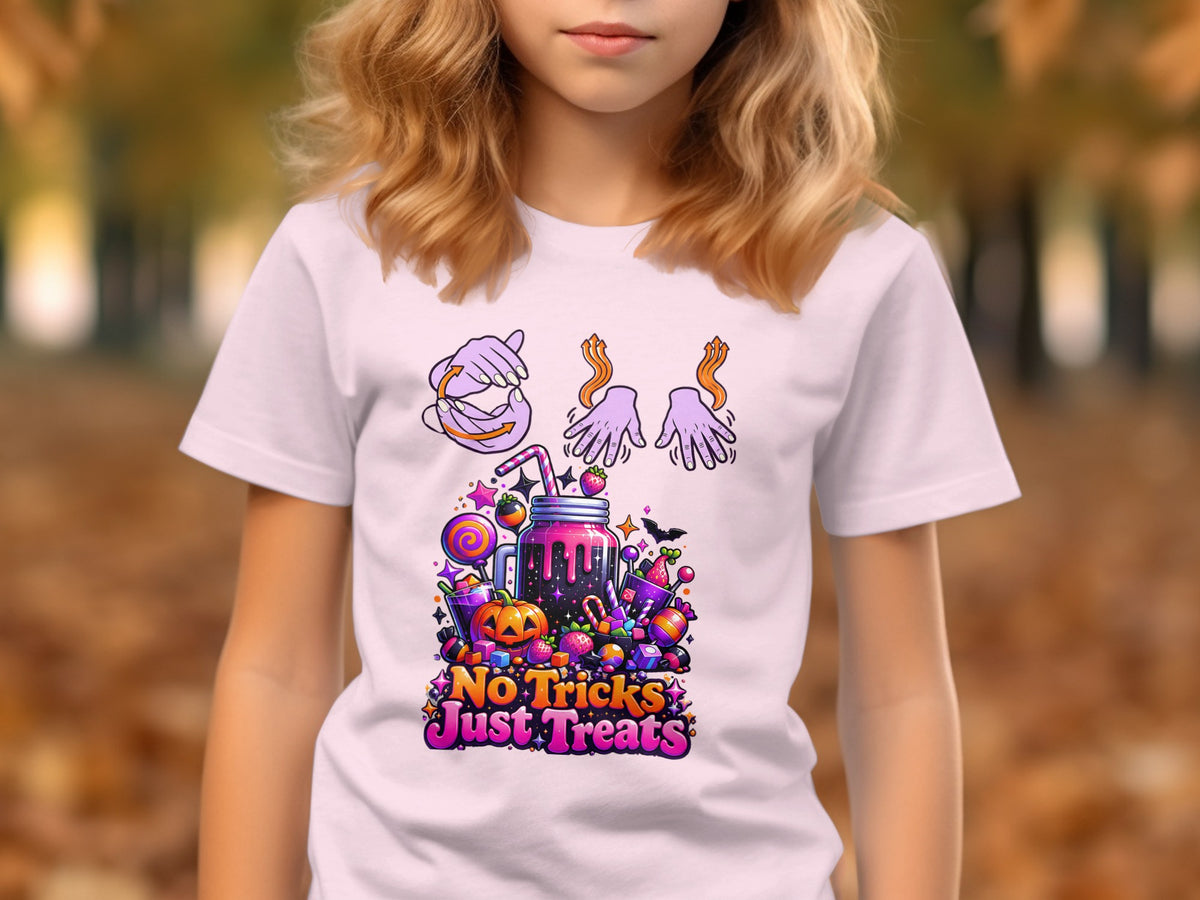 T-shirt graphic with Halloween treats and text "No Tricks Just Treats."