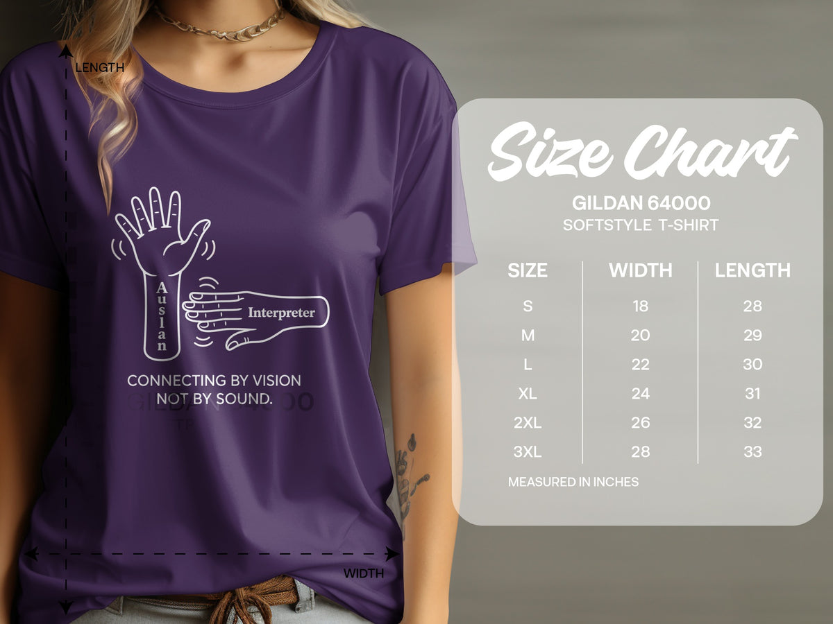 Purple t-shirt with white graphic and text, plus a size chart.