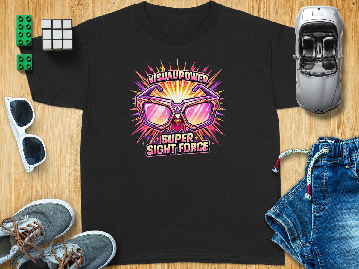 Black t-shirt with "Visual Power Super Sight Force" text and superhero glasses graphic.