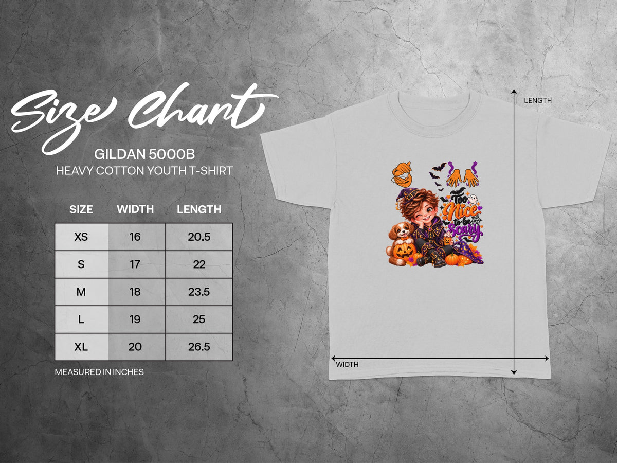 Gildan 5000B youth t-shirt size chart with width and length measurements in inches.